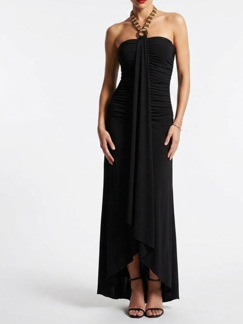 GRASS COLLECTIONS Y2K Wood Beaded Halter Maxi Dress Ruched Goth Boho Large